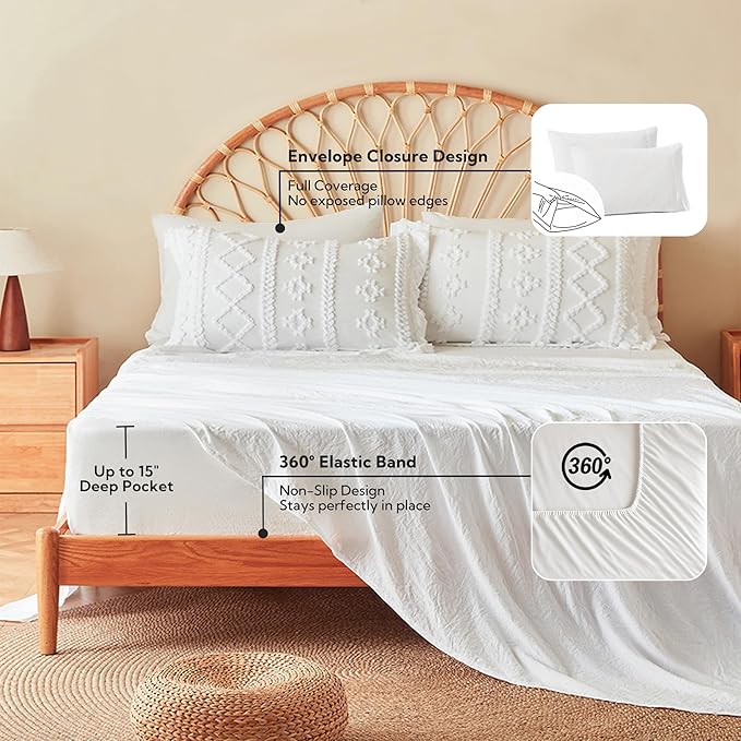 MR&HM White Twin XL Comforter Set for College Dorm, Boho Bedding Set, Bed in a Bag Set 5 Pieces with 1 Comforter, 1 Pillow Shams, 1 Pillowcases, 1 Flat Sheet, 1 Fitted Sheet for All Seasons