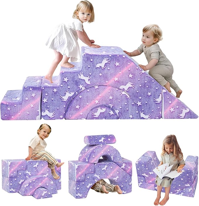 MeMoreCool Foam Climbing Toddler Couch, Modular Kids Sofa with Slide & Stair, Convertible Baby Couch for Playroom, Sectional Furniture for Crawling, Climbing, and Kids’ Play
