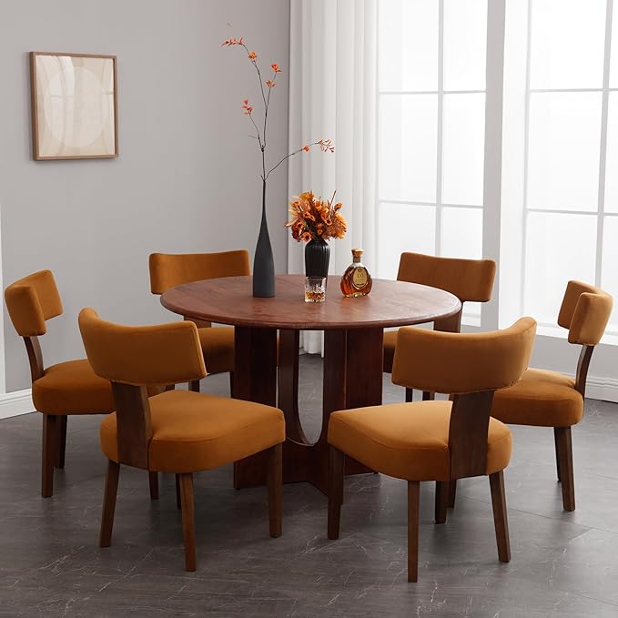 RIVOVA Velvet Dining Chairs Set of 6 Modern Dining Chair with Wood Legs, Upholstered Dining Chairs for Dining Room, Kitchen, Vanity, Living Room, Yellow Brown