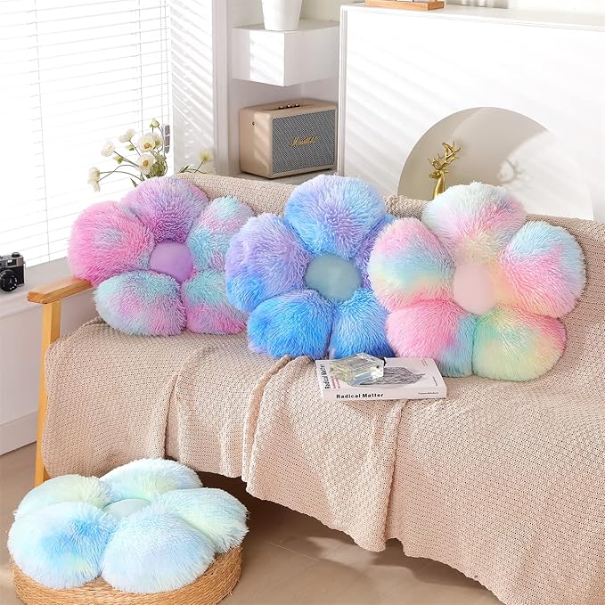 Faux Fur Pillow,Flower Shaped Throw Pillow Butt Cushion Flower Floor Pillow,Seating Cushion,Cute Room Decor & Plush Pillow for Bedroom Sofa Chair (19.7 Inches, Rainbow Blue)