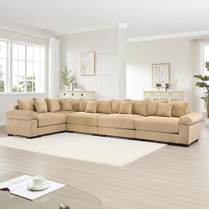 KEIKI 146" L-Shaped Oversized Corduroy Modular Cloud Sectional Sofa with High-Density Foam Cushion, Extra-Thick Armrest, Convertible 5-Seater Fluffy Corner Couch with 18 Pillow, for Living Room, Camel