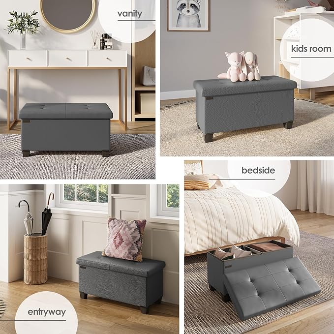Storage Ottoman Bench with Bins, 30-in Storage Bench for Bedroom End of Bed, Folding Foot Rest Ottoman for Living Room Max 660lbs, Faux Leather Ottomans, Grey
