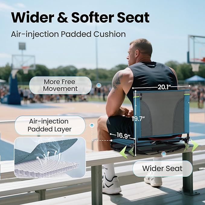 HIGH POINT SPORTS Folding Stadium Seat Bleacher Chair with Mesh Bag and Hide Hooks, Portable Stadium Chair with Back, Outdoor Comfort Chair, Blue Green