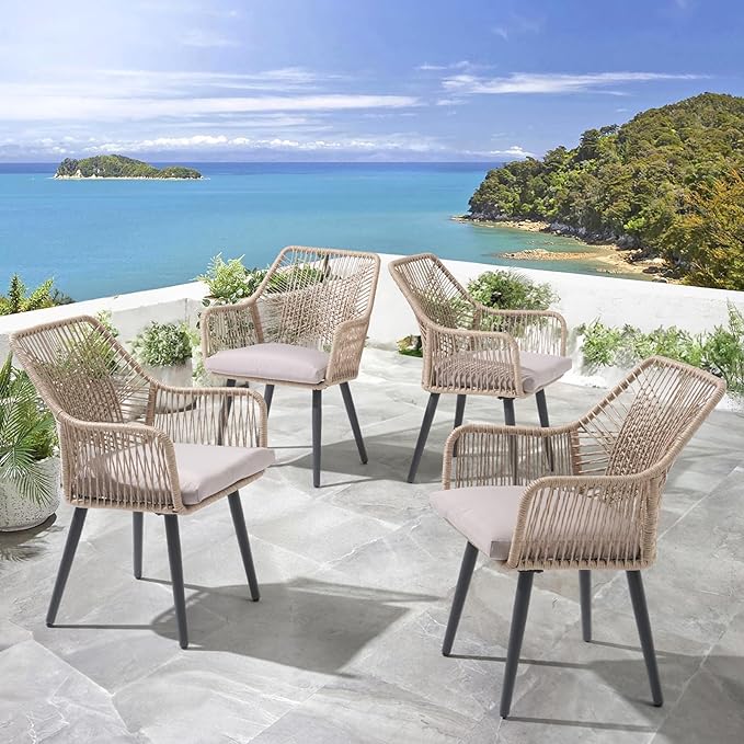 Patiorama Patio Dining Chair Set of 6, Woven Rope Outdoor Dining Chair w/Steel Frame, All-Weather Twisted Rattan Chairs w/Armrest & Cushion, Outdoor Dining Wicker Chairs for Backyard Garden(Beige)