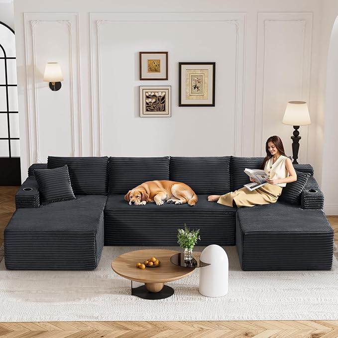 133" Oversized Cloud Boneless Sofa Couch with Chaise, Modern Corduroy U Shaped Modular Sectional Sofa with Deep Seat, Comfy Couch with Cupholders and Storage, No Assembly Required-Grey