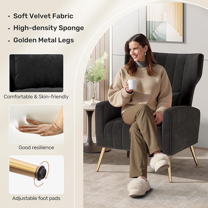 Nalupatio Modern Accent Chairs for Set of 2 Upholstered Velvet Fabric Reading Chair Mid Century Arm Chair Comfy Armchair for Living Room,Black