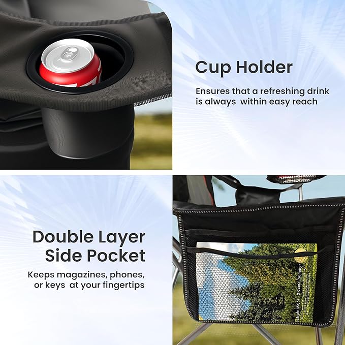 Oversized Camping Chair Heavy Duty- Portable Folding Chair, Cup Holder & Waterproof Phone Case for Adults, Beach, Hiking, Backyard (Black & Light Gray, 2 PCS)