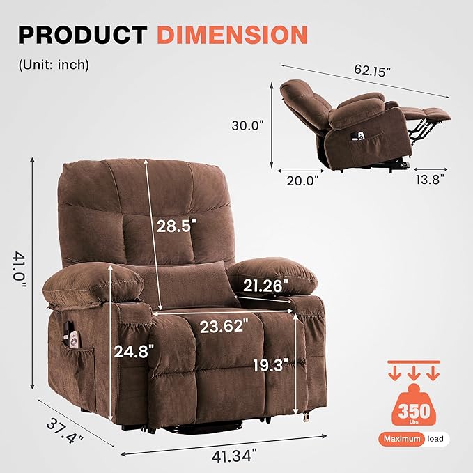 Power Lift Recliner Chair for Elderly with Vibration Massage and Lumbar Heating, Electric Lift Recliner Single Sofa with Side Pocket, Two Cup Holders and USB Charge Port for Living Room