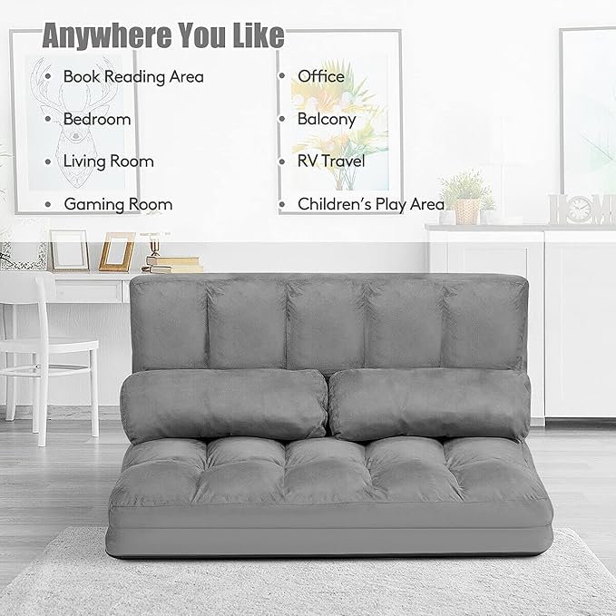 DORTALA Foldable Floor Sofa, 6-Position Adjustable Lounge Couch with 2 Pillows & Suede Cloth Cover, Modern Lounge Mattress Video Gaming Lazy Couch, Floor Seating Sofa, 71" x 44.5", Grey