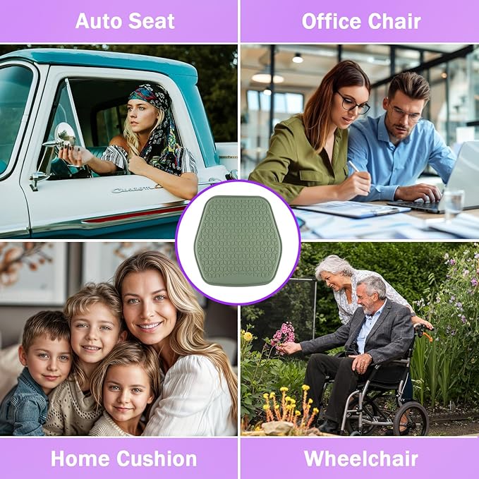 Binsheo Thin Gel Seat Cushion for Car Seat, Office Chair, Wheelchair, Golf Cart - Non-Slip Car Seat Cushions with 0.7 Inch Gel - Sciatica & Coccyx Pain Relief (Fabric, Green)