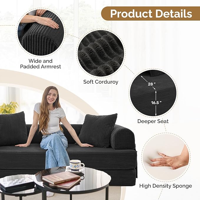 Convertible Corduroy Sleeper Sofa Bed with Cylindrical Pillow, Folding Mattress Couch with Fixed-Shape Frame, Floor Sofa Lounge Couch for Living Room Bedroom Lounge Studio, Black