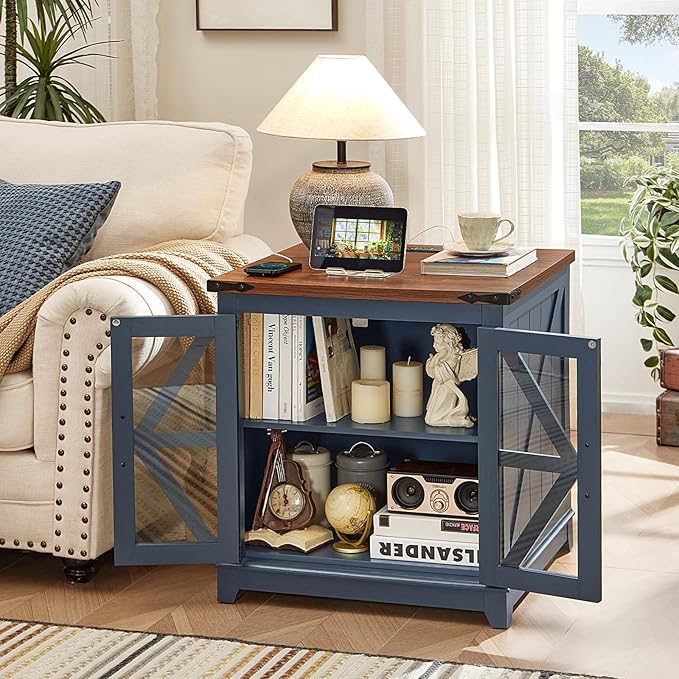 Farmhouse Coffee Table Sets 2 Pieces, Large End Side Tables with Charging Station and Coffee Table with Hidden Storage Compartment, Black Living Room Table Set, Wood Furniture Sets for Home Office