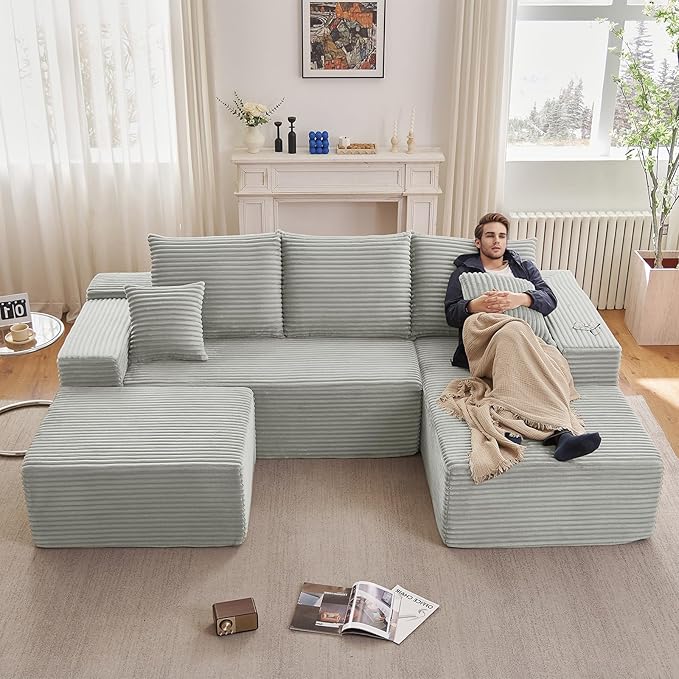 Lakifun 107" U-Shape Cloud Couch, Modern Modular Sectional Comfy L-Shape Sofa with Ottoman, Deep Seat, Upholstered Corduroy Sleeper Chaise Longue for Living Room Bedroom, No Assembly Required, Grey