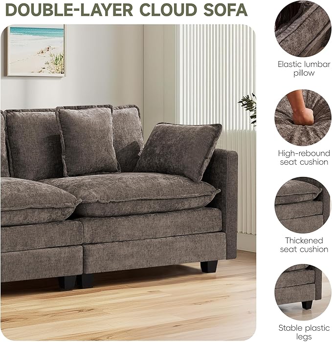 UMBFUN 2-Seater Cloud Couch, Oversized Comfy Modular Sectional Sofa with Deep Seat Cushions, Chenille Loveseat for Living Room, Apartment & Small Spaces, Brown
