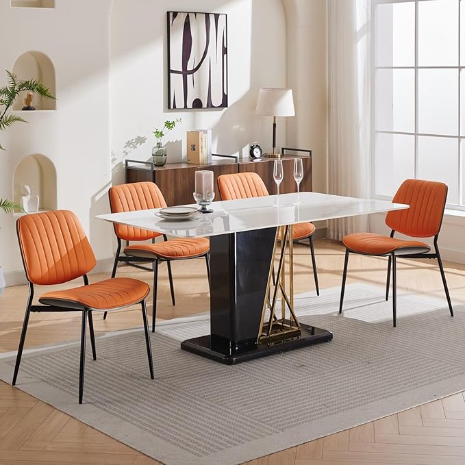 YaFiti Dining Chairs Set of 2, Mid Century Modern Dining Room Chairs, Upholstered PU Leather Vertical Stripe Kitchen Chair with Walnut Bentwood and Metal Legs, Orange
