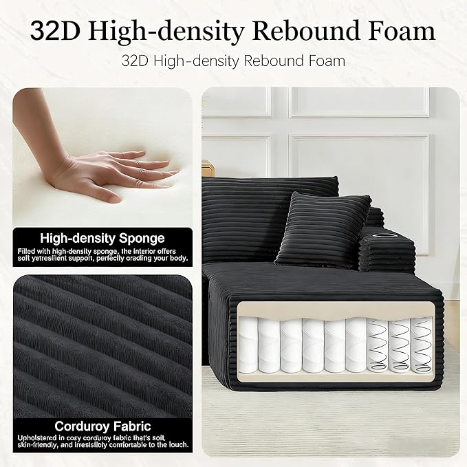 134" Modular Cloud Sectional Sleeper Sofa Couch for Living Room, U Shaped 6 Seat Sofa with 2 Storage Pockets, 2 Pillows & 2 Cup Holders, No Assembly Required, Dark Gray