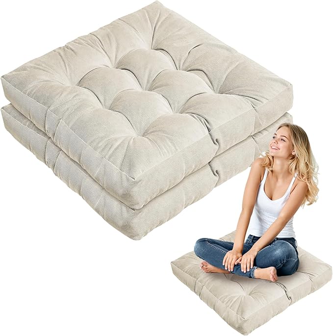 Jerify 2 Pcs Floor Pillow Cushions 22 x 22 Inch Round Square Large Meditation Floor Pillow for Classroom Adult Meditation Picnic Party Seating Learning Daycare School (Square,Beige)