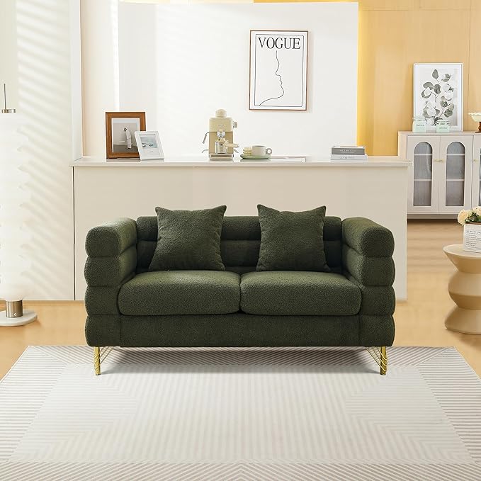 mikibama Modern Teddy Loveseat Sofa, 60 Inch Sectional Sofa Couch, Luxury 2 Seater Deep Couch with 2 Pillows and Gold Metal Legs for Living Room, Bedroom, Apartment (Green)