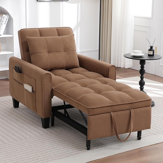 choairy Convertible Sleeper Chair, 3 in 1 Sleeper Chair Bed Pull Out Sofa Bed Chairs, Single Sofa Beds with Adjustable Backrest for Adults Reading Living Room, Bedroom, Velvet Brown
