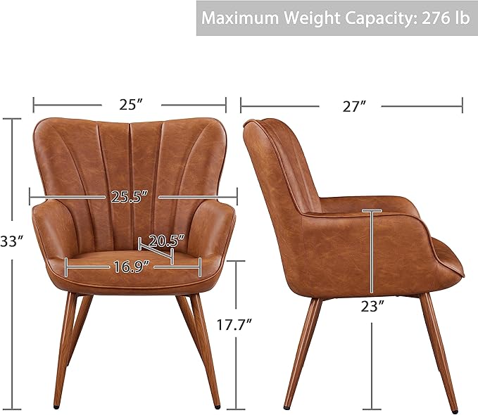 Yaheetech PU Leather Armchair, Modern Accent Chair with Metal Legs, Comfy Upholstered Barrel Chair for Living Room Bedroom Vanity Room, Brown, 2pcs