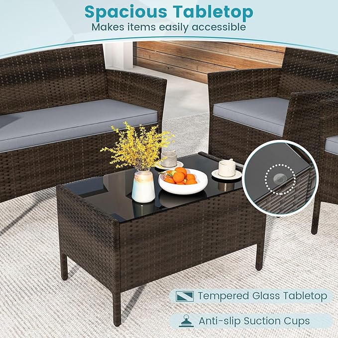 HAPPYGRILL 8 Pieces Outdoor Rattan Conversation Set, Patio Wicker Furniture Set with Loveseat Chairs & Tempered Glass Coffee Table, Outside Sectional Sofa Set for Backyard Garden Poolside