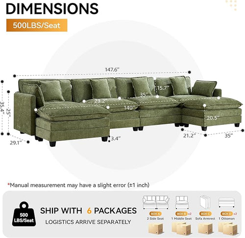 147'' Sectional Cloud Deep Seat Couch, Oversized Chenille U Shaped Sectional Sofa for Living Room Set, Comfy Upholstered Modular Sectional Sofa Couch with Movable Ottoman, Green