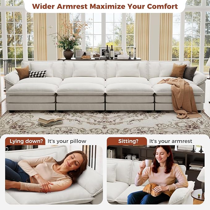 CDCASA 154" Oversized Modular Sectional Sofa Bed, Comfy Cloud Couch w/ 4 Movable Ottoman, 8-Seater Velvet Deep Seat Sofa Bed Modern Sofa Couch for Living Room, DIY Combination, Beige