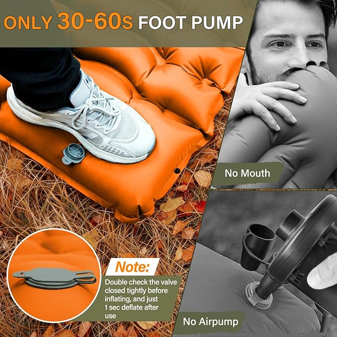 FUN PAC Camping Sleeping Pad, Ultralight Camping Pad with Pillow Built-in Foot Pump Inflatable Sleeping Pads Compact for Camping Backpacking Hiking Traveling - Orange