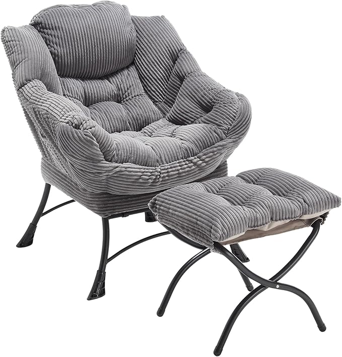 KEIKI Accent Chair with Storage & Ottoman, Flannelette Reading Corner Lazy Chairs w/Steel Frame, Comfy Lounge Arm Chair W/Footrest, Leisure Sofa Armchair for Living Room, Bedroom, Easy Assembly, Grey