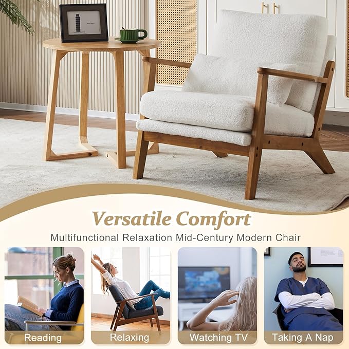 VINGLI Solid Wood Wide Armrests Accent Chair Set of 2,Upholstered Mid Century Modern Chair with Pillow,Farmhouse Arm Chair Comfy Reading Chair,Chairs Living Room,Bedroom,Guest Room,Teddy Fleece,White