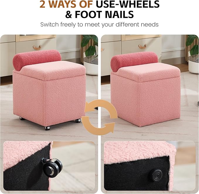 Boucle Vanity Chair with Storage, Swivel Vanity Stool with Safety Hinge, Upholstered Makeup Chair with Wheels, Square Ottoman Stool for Living Room, Dressing, Bedroom, Pink