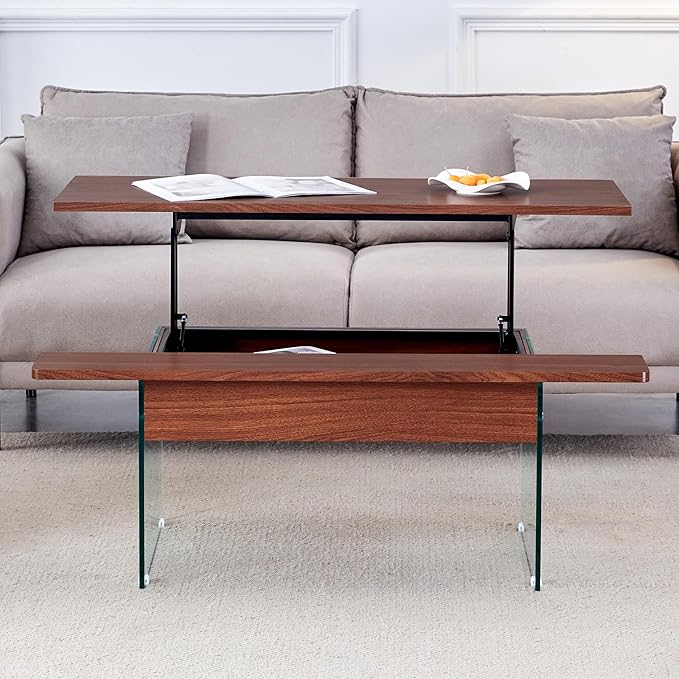 HanStrong 43.3" Lift-Top Coffee Table with Storage,Marble & Tempered Glass Space-Saving for Living Room,Office,Dark Brown