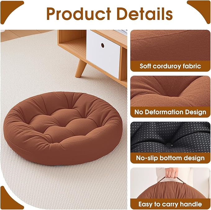 4Pcs Floor Pillows for Adults, 22x22x6 Inch Meditation Cushions, Large Round Sitting Cushion Living Room Memory Foam Pillow for Sitting (4, Brown, 22x22x6 Inch)