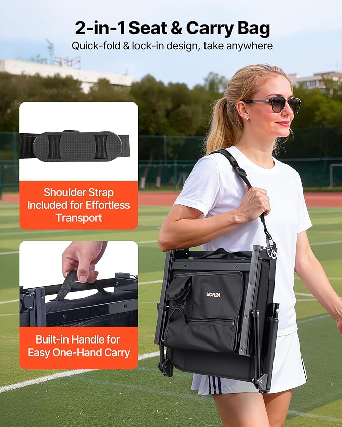 VEVOR Stadium Seat, Portable Bleacher Seat with Armrest, Back Support and Thick Cushion, Bench Chair for Bleacher Includes Shoulder Strap, Hooks, Cup Holder, Black Football Bleachers Seats, 1PCS