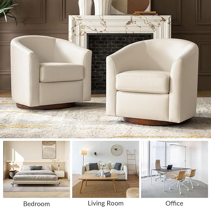HULALA HOME Genuine Leather Swivel Accent Chairs Set of 2 with Solid Wood Base, Round Swivel Barrel Chairs for Living Room and Bedroom, No Assembly Required, Beige