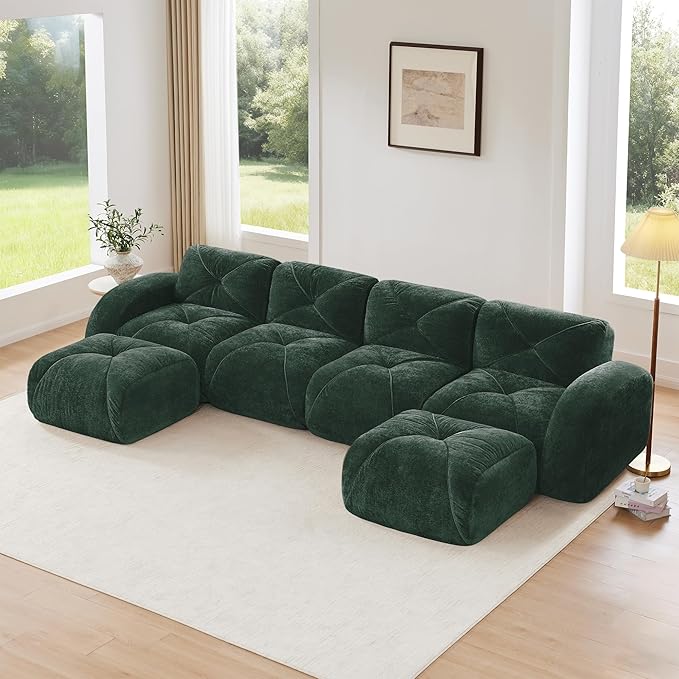 Modular Sectional Sofa with Free Combination,Oversized Boneless Floor Couch for Living Room & Lounge,Velvet 3-Seater Sectional Couch with 2 Ottomans,No Assembly Needed