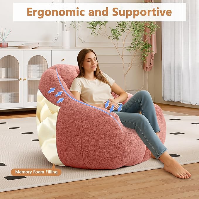 Setawix Bean Bag Chair with Filler, Comfy Teddy Bean Bag Chairs for Adults and Kids, Cozy BeanBag Sofa Fully Floor Couch with Memory Foam for Living Room Bedroom,Pink