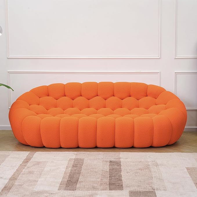 JACH Bubble Curved Couch, 98.43'' Comfy Upholstered Sofa, Mesh Fabric Floor Sofa, 3D Honeycomb Shape Modern Couch for Living Room, Office, Apartment, Small Space (3 Seater, Orange)