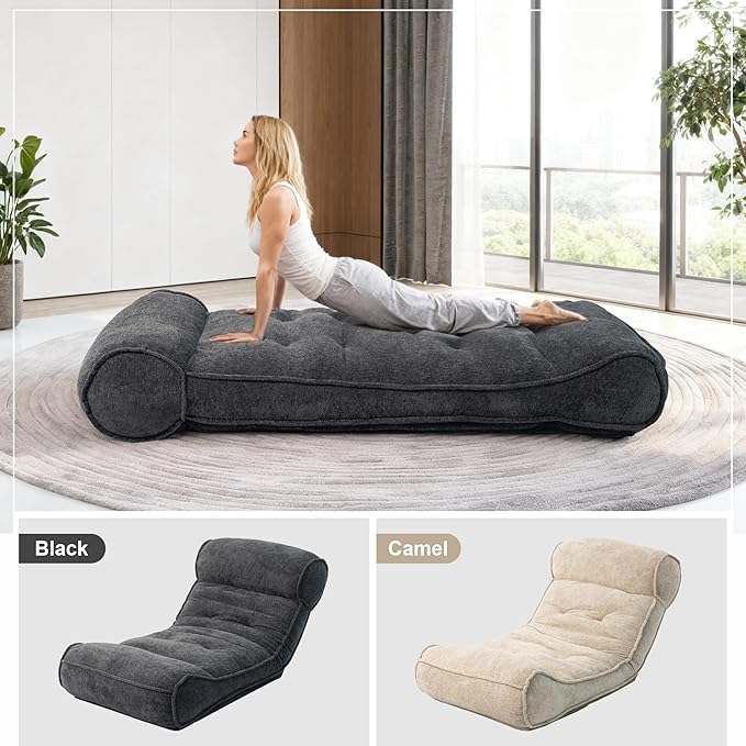 Lazy Floor Bed 83" – Extra Comfy Sleeper Chaise Lounge Chair Indoor, Adjustable Recliner Floor Lounger, Plush Futon Chair Bed for Yoga, Gaming, Meditation & Reading Nook (Recliner, Black)