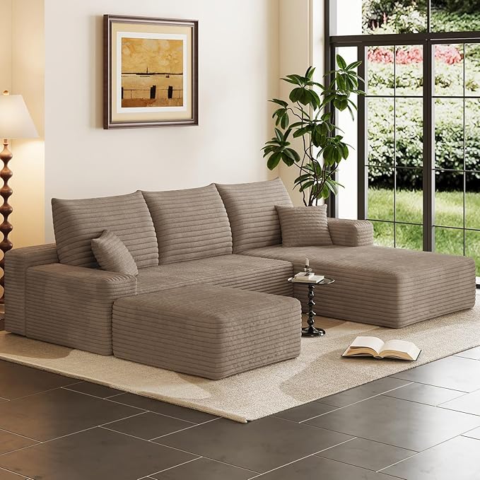 95" Cloud Sectional Couch with Ottoman,Modern U-Shaped Cloud Couch with Deep Seat,Comfy Corduroy 3-Seater Sofa,Memory Foam Sofa for Living Room,No Assembly (Camel,Right-Facing Chaise)
