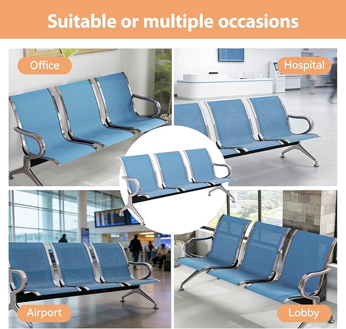 Kinfant 3-Seat Waiting Room Chair - Office Guest Reception Chairs with Ergonomic Backrests, Airport Waiting Bench with Armrests, Metal Waiting Furniture for Hospital, Bank, Salon, (Blue, Set of 3)