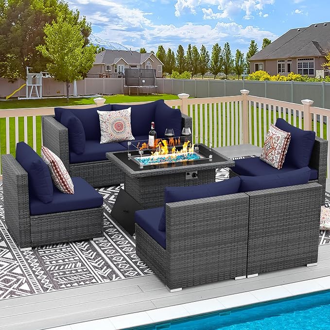 RADIATA 7 Piece Wicker Patio Furniture Set with Fire Pit, All-Weather Outdoor Sectional Couch High Back Large Size, Modular Backyard Seating Sofa Set with Propane/Natural Gas Firepit Table, Grey&Blue