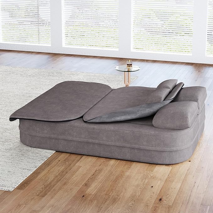 Antetek Convertible Sleeper Sofa, Modern Folding Futon Chenille Floor Foam Compression Loveseat Sofa Bed Couch, Foldable Full Size Guest Bed with 4 Pillows for Living Room Bedroom Apartment, Grey