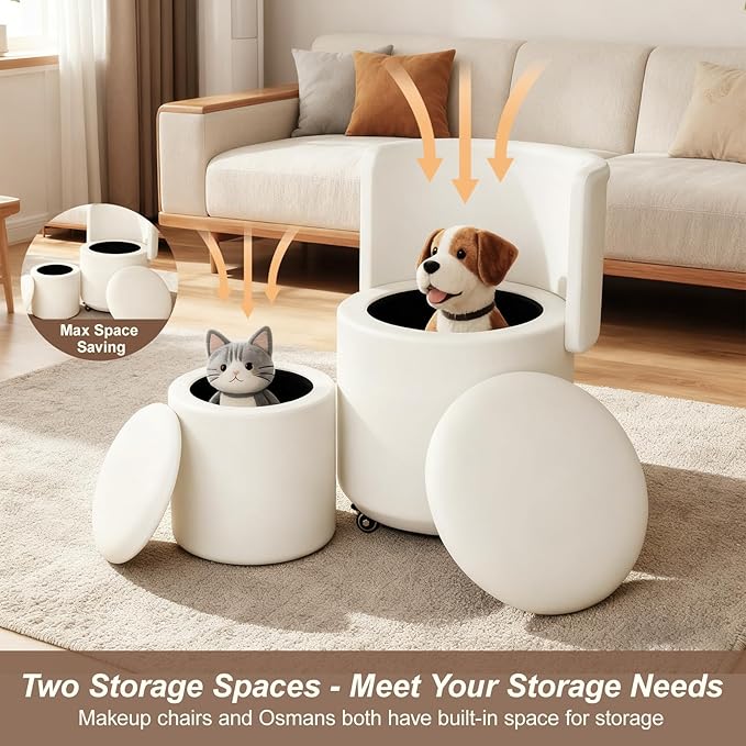 Rolling Round Vanity Chair with Storage, Swivel Makeup Chair with Folding Back, PU Leather Small Upholstered Ottoman for Bedroom Living Room