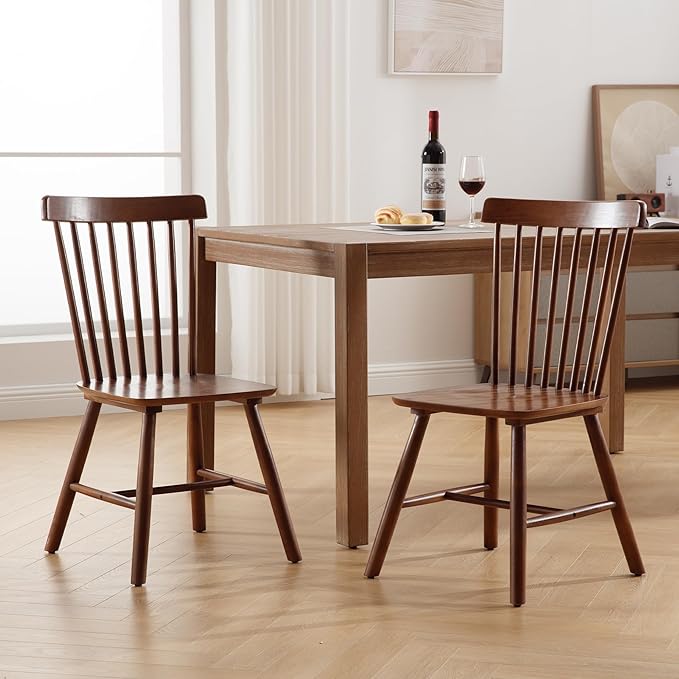 LZAREAL Farmhouse Dining Chairs Set of 2 Wooden Kitchen Chairs Mid Century Modern Spindle Chair French Country Windsor Dining Chairs for Dinning Room Kitchen Restaurant Bar Canteen Library, Walnut