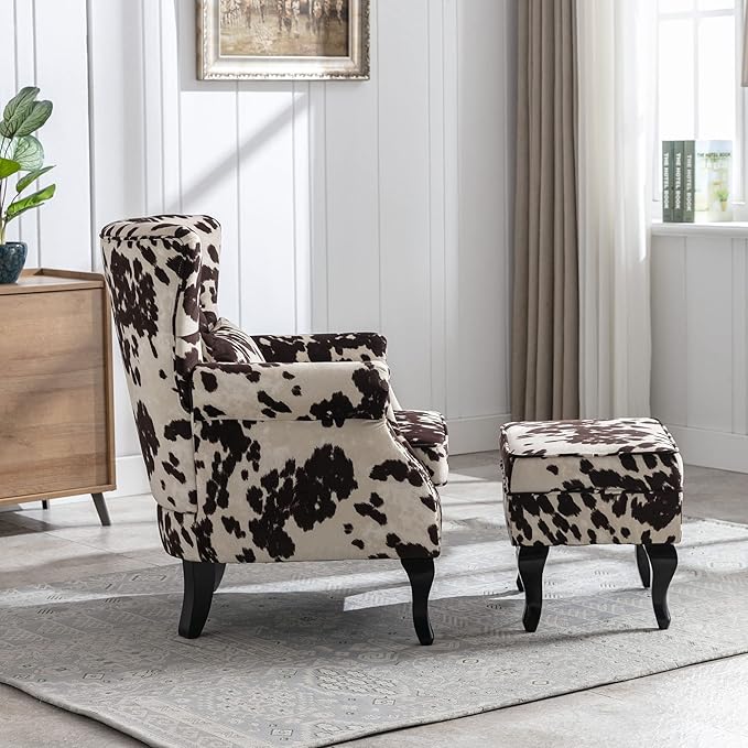 DM Furniture Set of 2 Mid-Century Modern Accent Chair with Ottomans, Velvet Armchair w/Tufted Back/Wood Legs, Upholstered Lounge Arm Chair Single Sofa for Living Room Bedroom, Cow Print