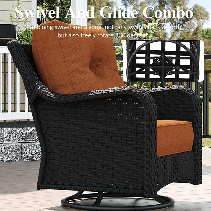 LayinSun 10 Piece Wicker Outdoor Furniture Set with 6-inch Comfy Cushions, High Back Patio Furniture Set with Swivel Rocking Chairs and Fire Pit Table