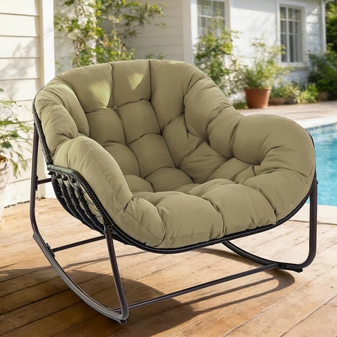 Sgentle Papasan Rocking Chair Outdoor, Oversized Patio Rocking Chair with Cushions & Steel Frame, Wicker Egg Lounge Chair Indoor, Comfy Reading Chair for Patio, Deck, Porch (Khaki, Style 1)