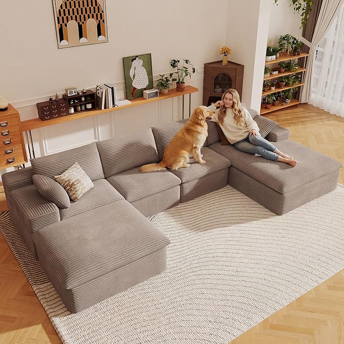 136" Cloud Sectional Couch with U-Shaped Chaise,Corduroy Viral Boneless Sofa with Ottoman,Memory Foam Couches in a Box with Deep Seat for Living Room,No Assembly Required (Camel,Right-Facing Chaise)