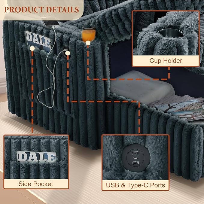 107" Sectional Sleeper Sofa with Pull Out Bed, Comfy Fluffy Plush Corduroy Cloud Sectional Couches for Living Room, U Shaped Modular Couch with Storage Chaise Cup Holder & USB Charger Dark Grey